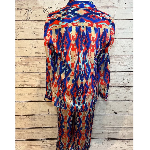 JONES NY "Signature" Lightweight Red, Blue, Tan Ikat Silky Pajama Set-Small - Picture 3 of 4